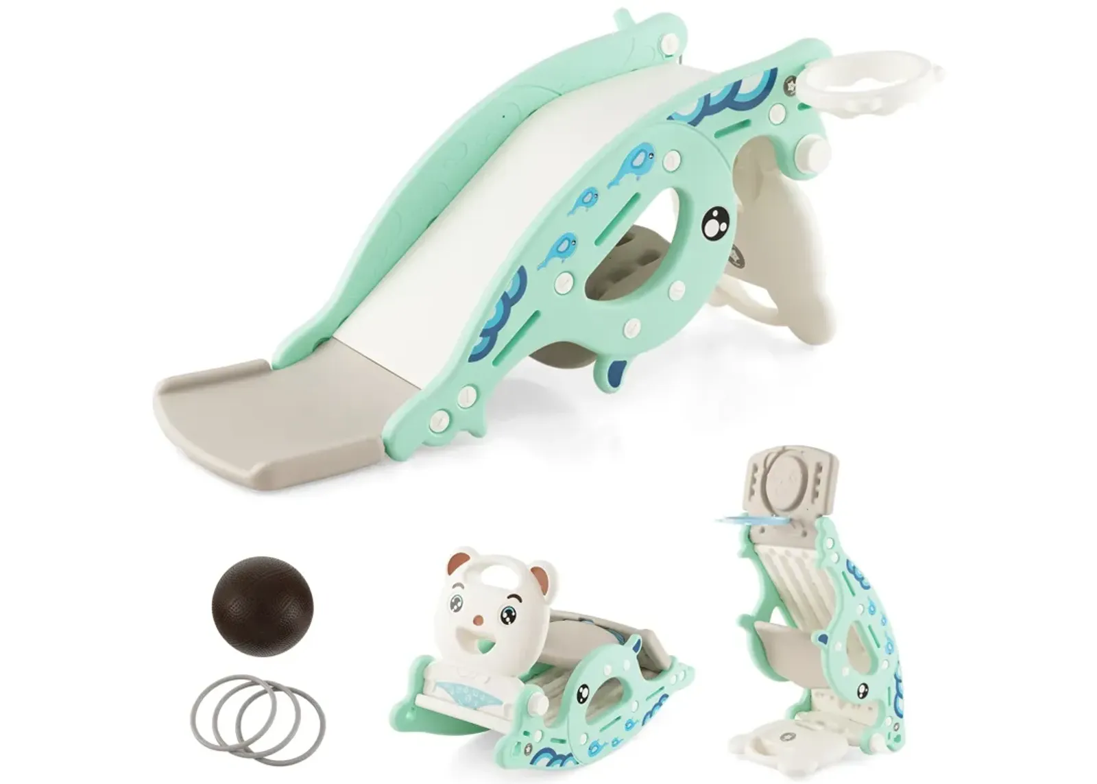 4-in-1 Kids Slide Rocking Horse with Basketball and Ring Toss