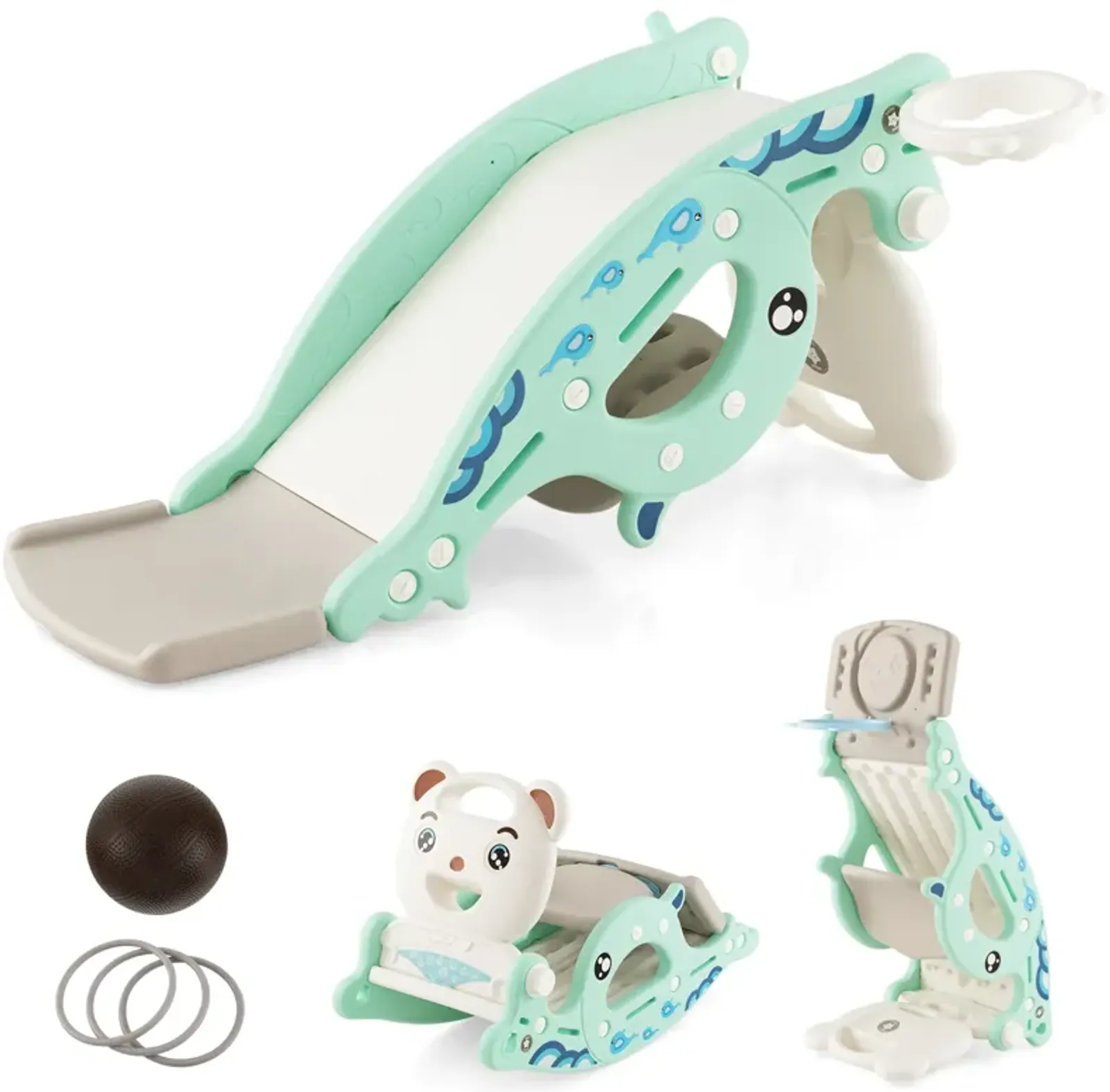 4-in-1 Kids Slide Rocking Horse with Basketball and Ring Toss