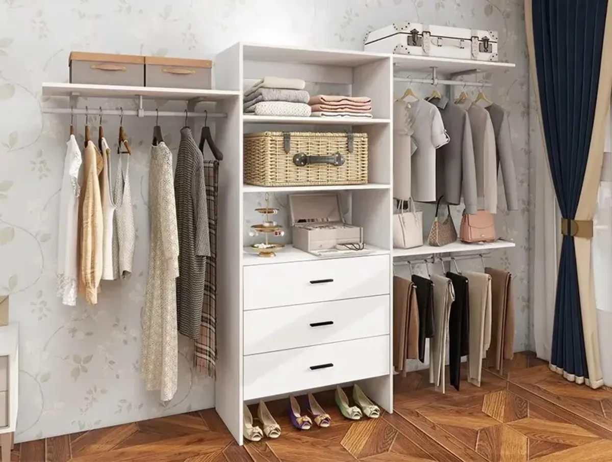 Wood Closet System with 3 Drawers White: Built-in Closet Organizer, Walk-in Closet with Hanging Rod and Shelves for Bedroom Closet Organizer System, 94.49" W x 15.75" D x 70.87" H