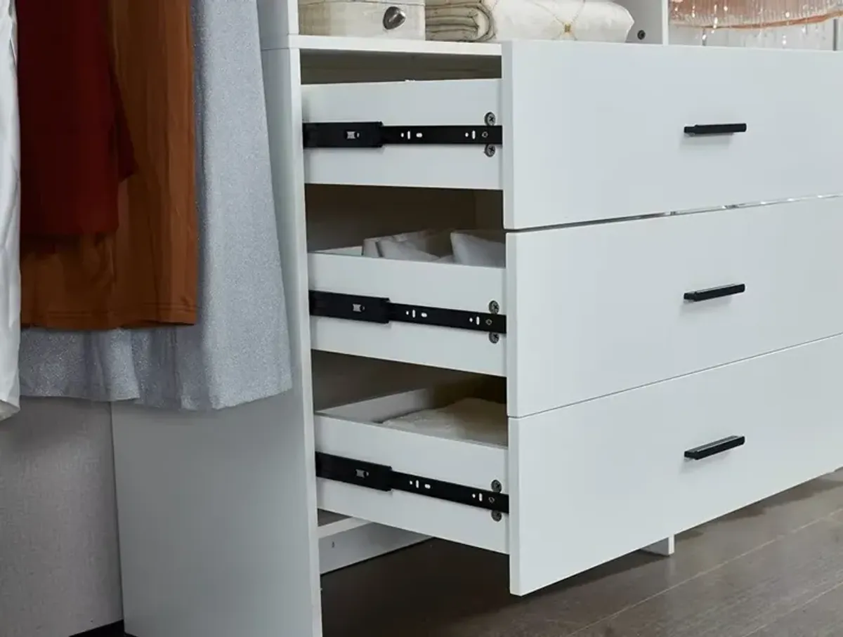 Wood Closet System with 3 Drawers White: Built-in Closet Organizer, Walk-in Closet with Hanging Rod and Shelves for Bedroom Closet Organizer System, 94.49" W x 15.75" D x 70.87" H