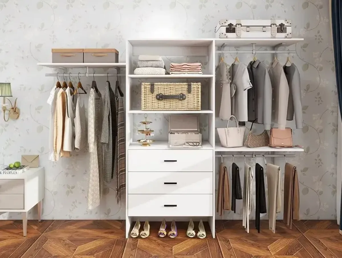 Wood Closet System with 3 Drawers White: Built-in Closet Organizer, Walk-in Closet with Hanging Rod and Shelves for Bedroom Closet Organizer System, 94.49" W x 15.75" D x 70.87" H