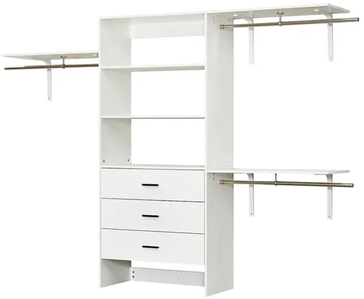 Wood Closet System with 3 Drawers White: Built-in Closet Organizer, Walk-in Closet with Hanging Rod and Shelves for Bedroom Closet Organizer System, 94.49" W x 15.75" D x 70.87" H