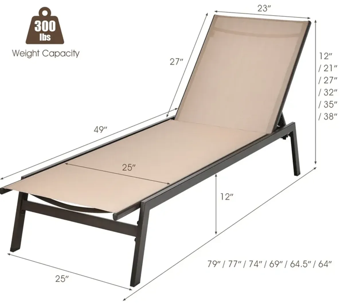 Outdoor Reclining Chaise Lounge Chair with 6-Position Adjustable Back