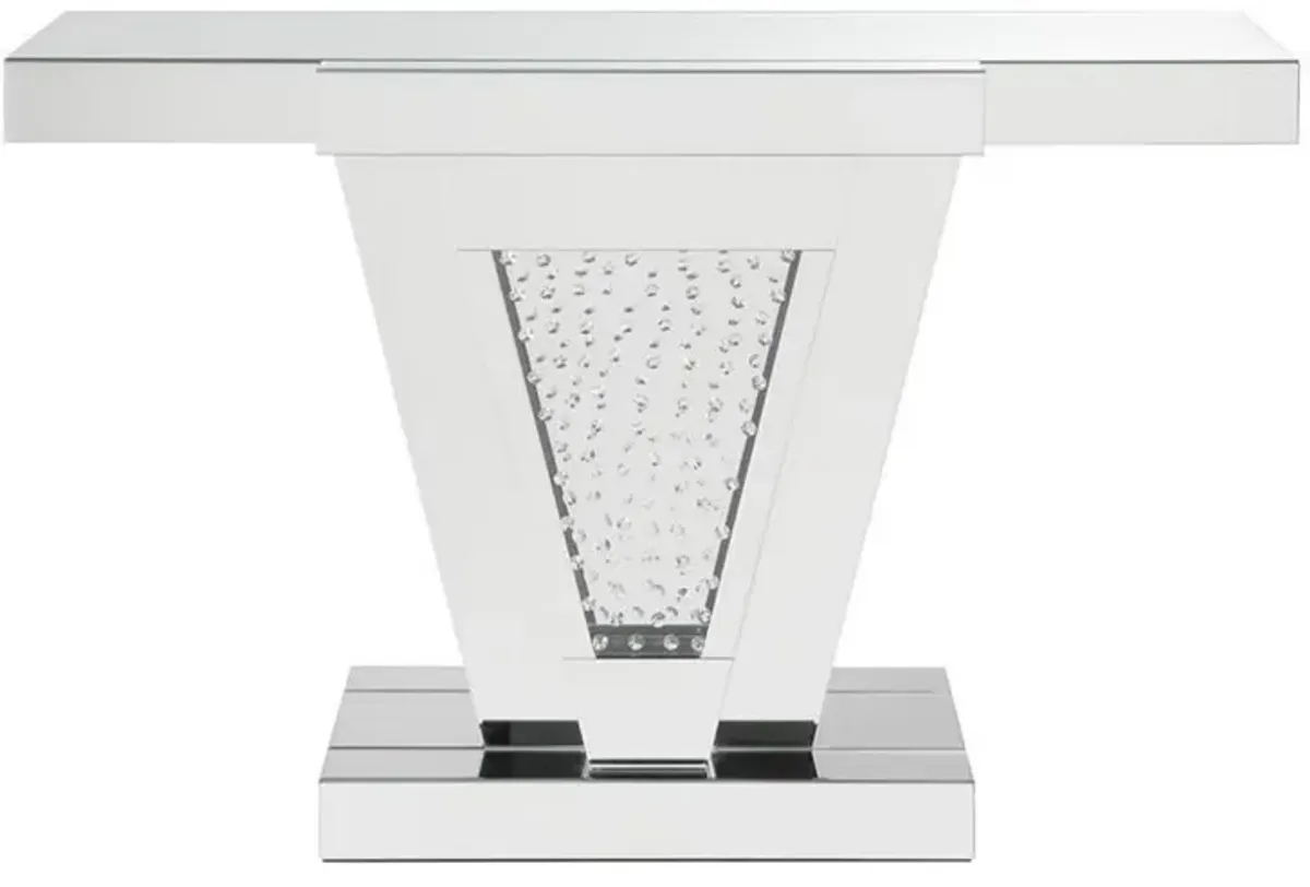 Wood and Mirror  Console Table with Faux Crystals Inlay, Clear-Benzara