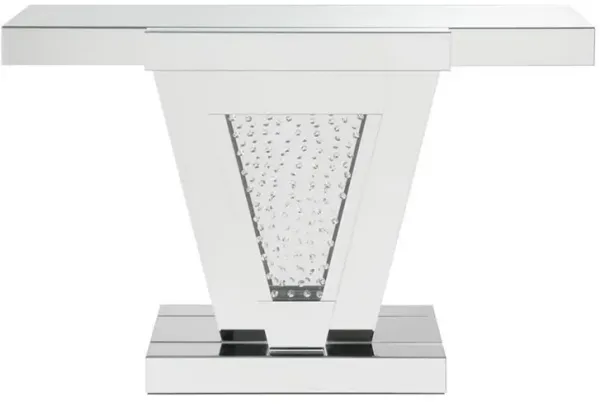 Wood and Mirror  Console Table with Faux Crystals Inlay, Clear-Benzara