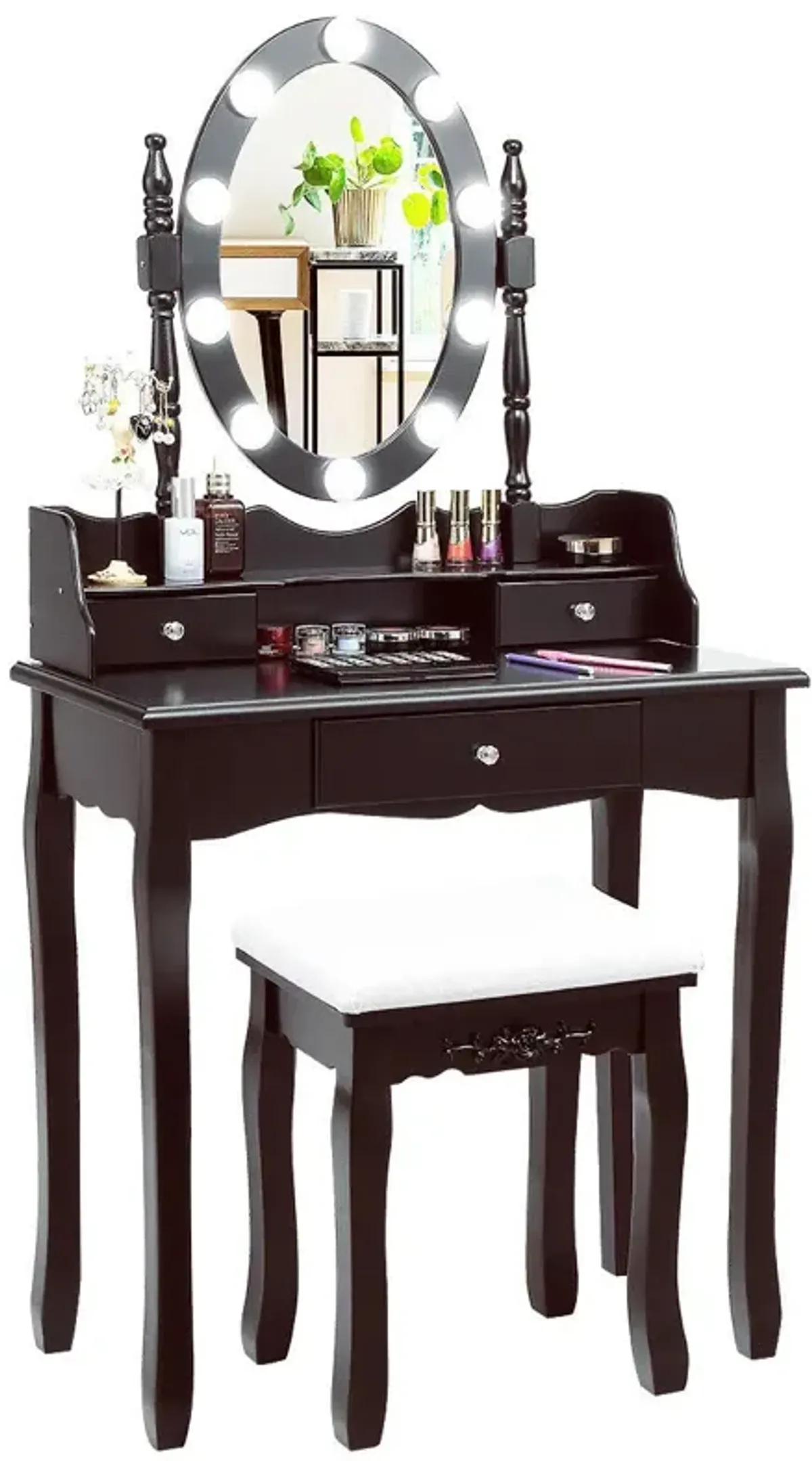 Oval Mirror Vanity Set  with 10 LED Dimmable Bulbs and 3 Drawers