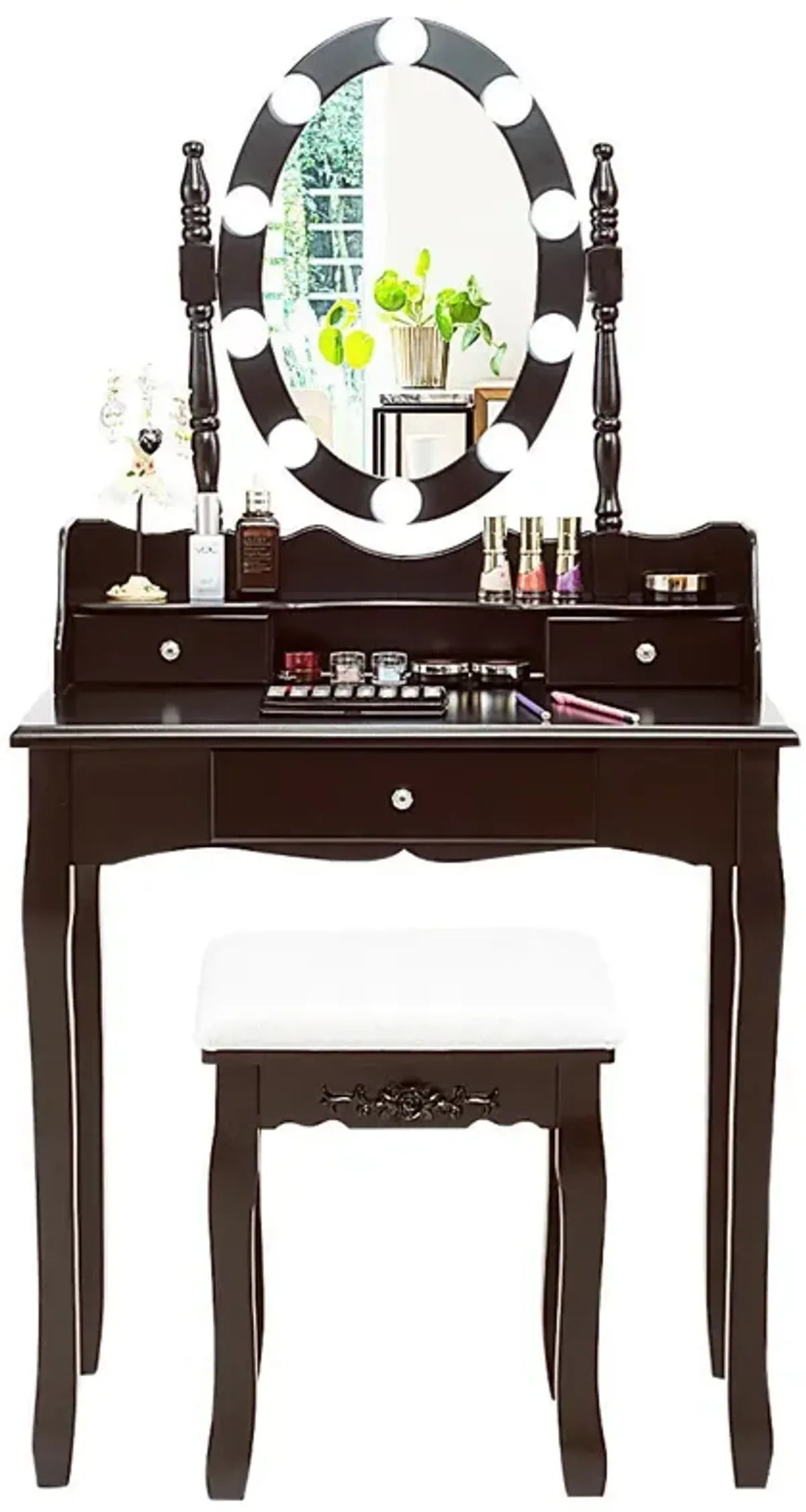 Oval Mirror Vanity Set  with 10 LED Dimmable Bulbs and 3 Drawers