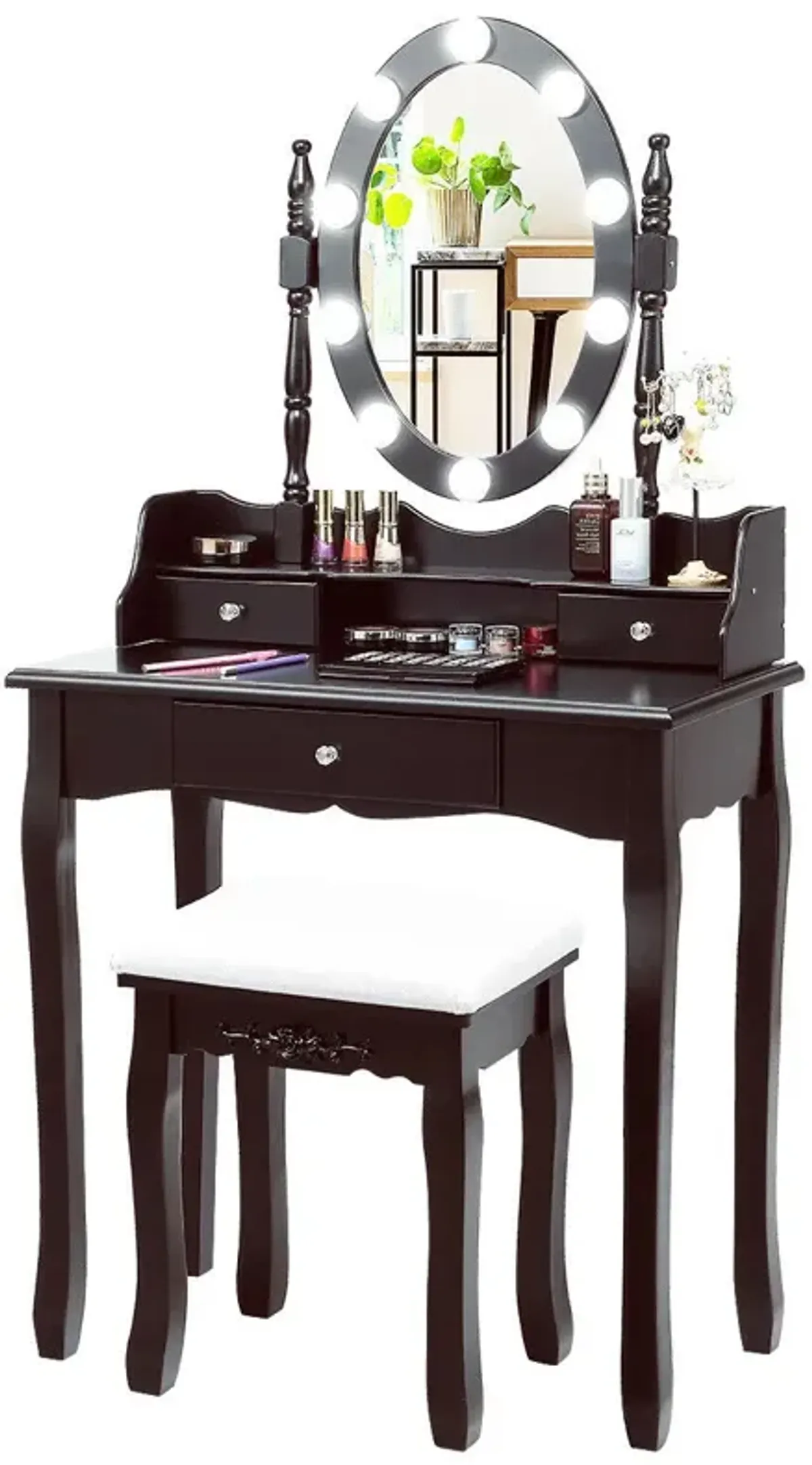 Oval Mirror Vanity Set  with 10 LED Dimmable Bulbs and 3 Drawers