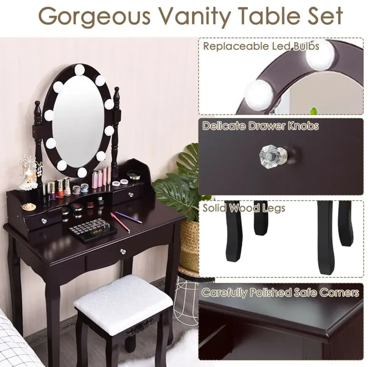 Oval Mirror Vanity Set  with 10 LED Dimmable Bulbs and 3 Drawers