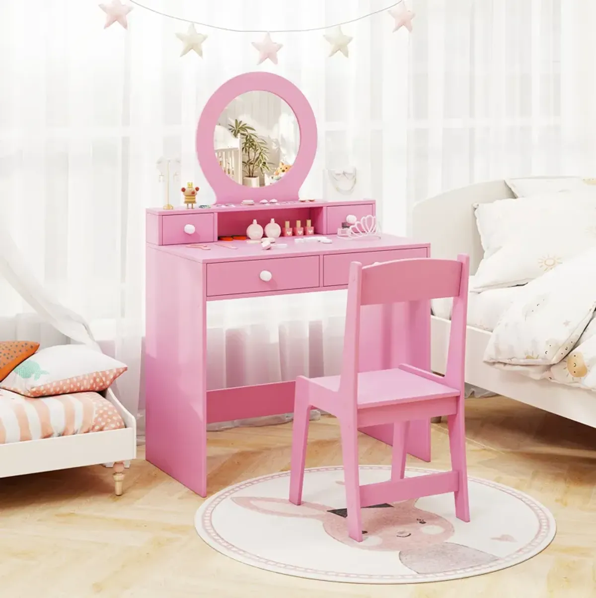Girls’ Princess Vanity Desk and Chair Set with Mirror for Makeup Play