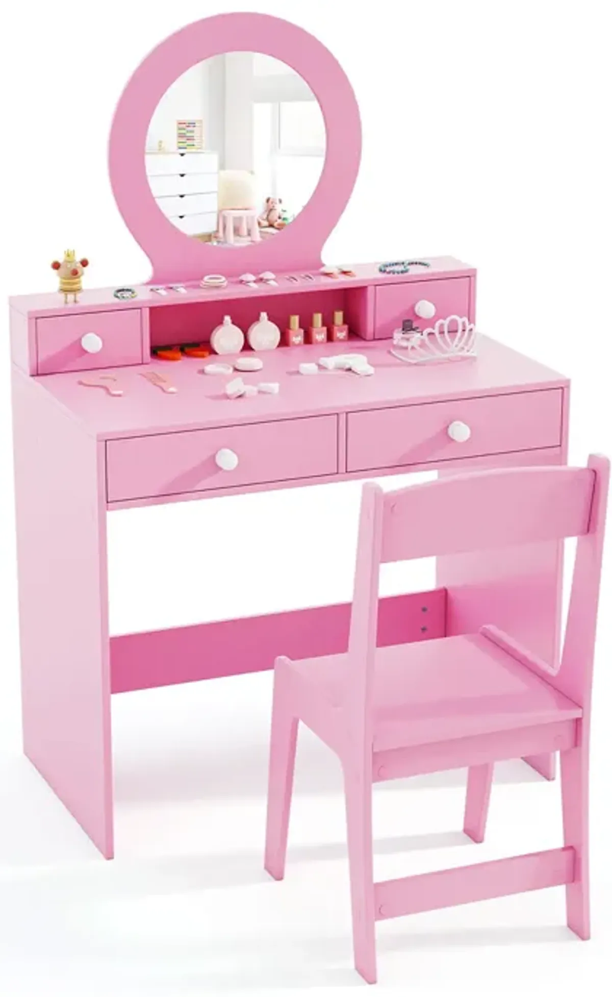 Girls’ Princess Vanity Desk and Chair Set with Mirror for Makeup Play