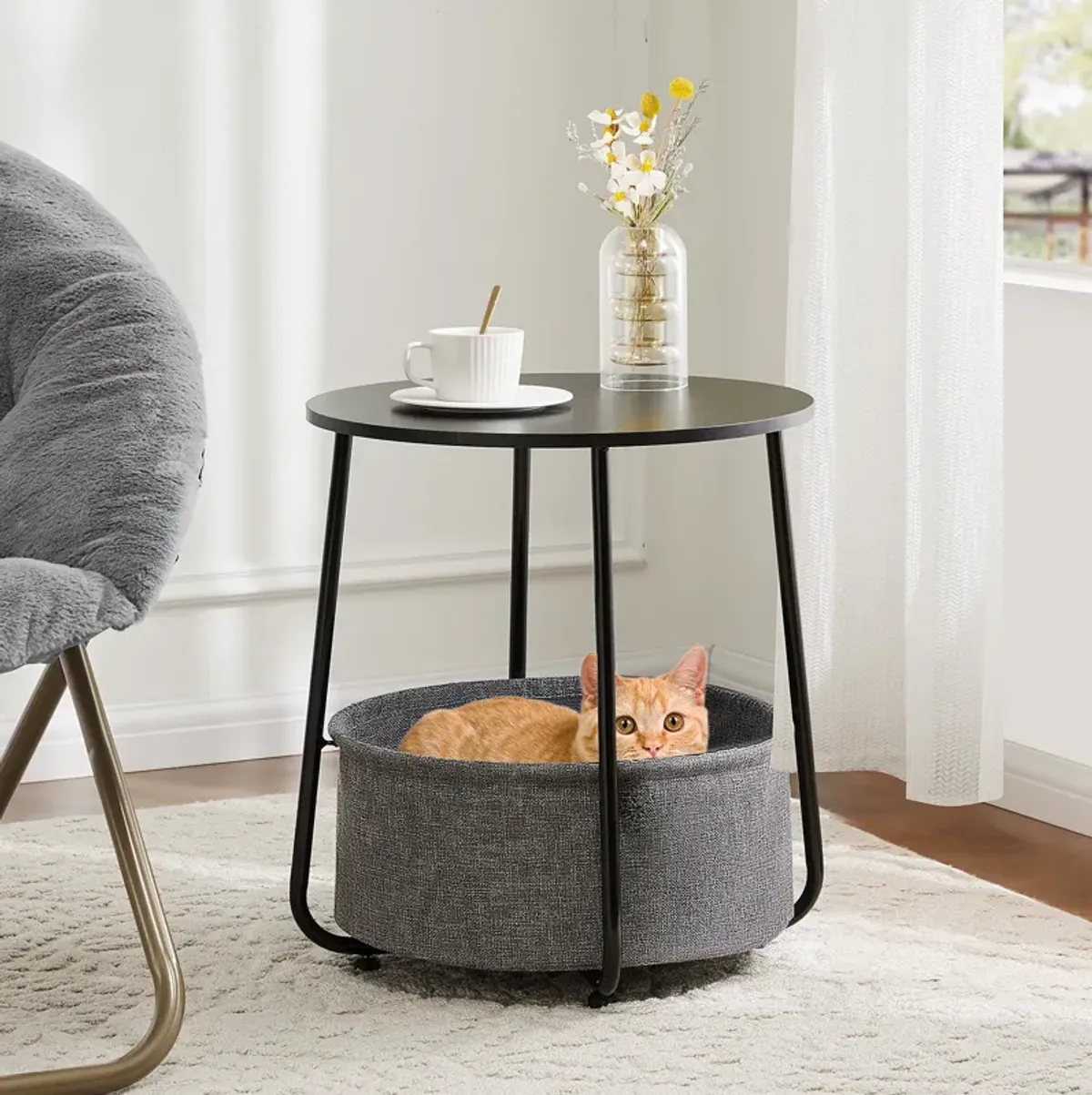 Stylish and Versatile Round Side Table with Linen Storage Basket