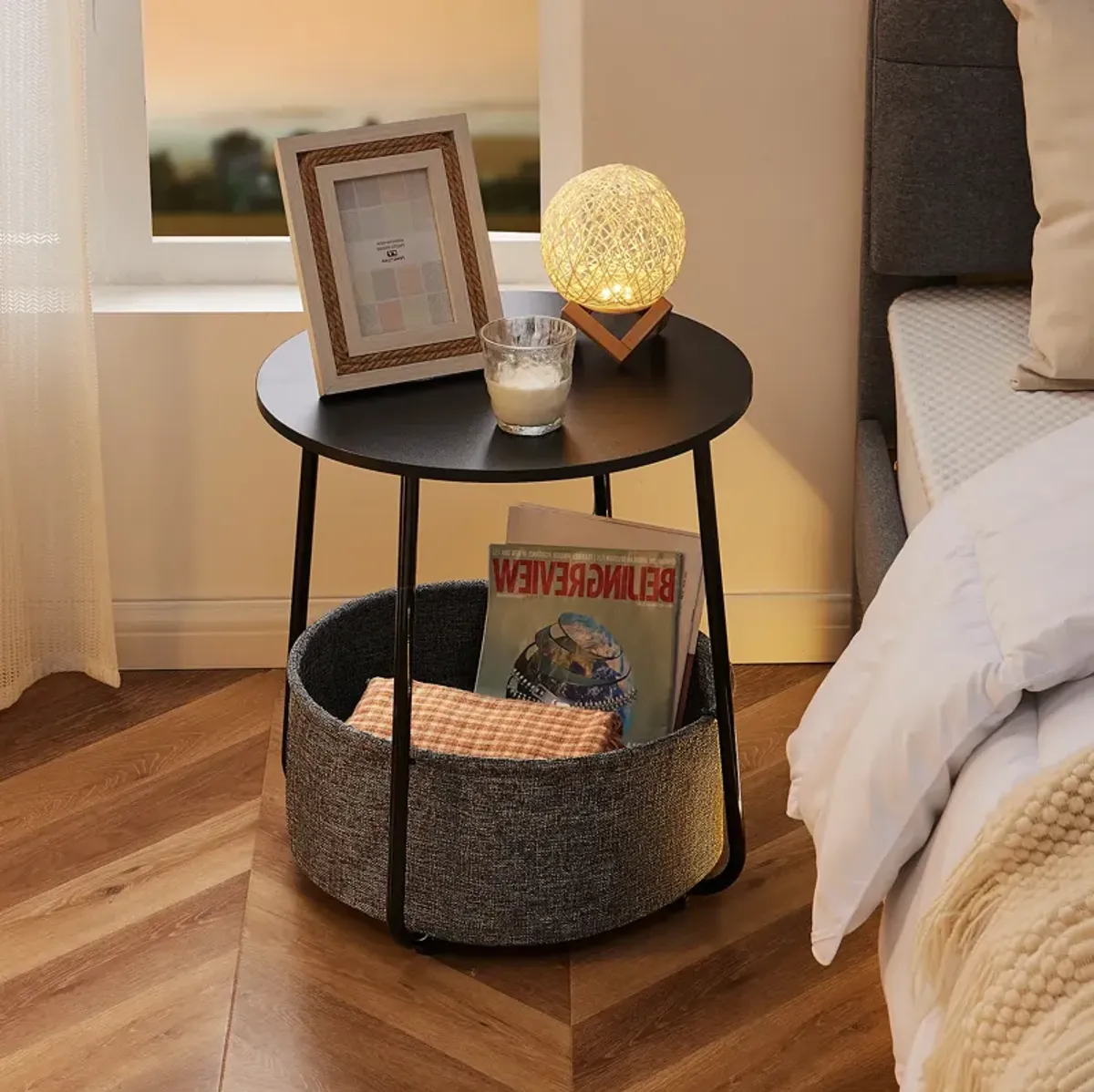 Stylish and Versatile Round Side Table with Linen Storage Basket