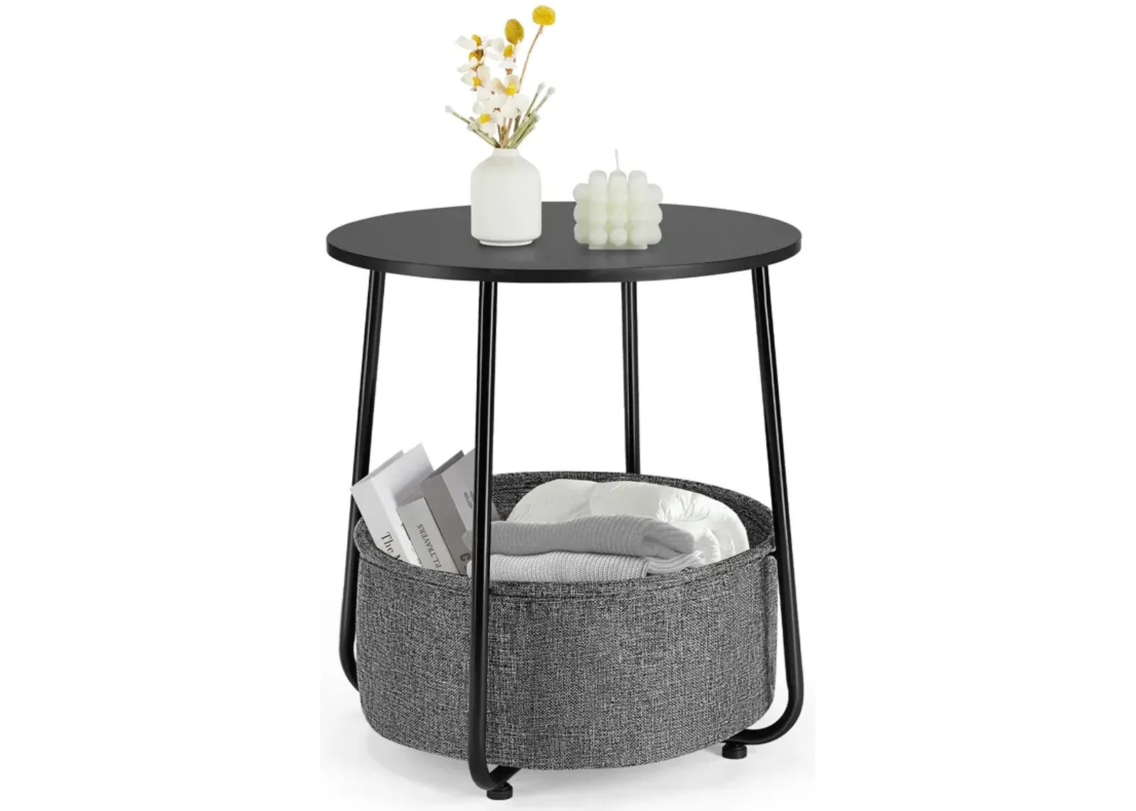 Stylish and Versatile Round Side Table with Linen Storage Basket