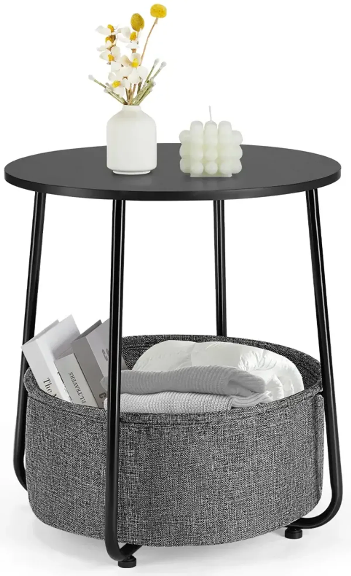 Stylish and Versatile Round Side Table with Linen Storage Basket