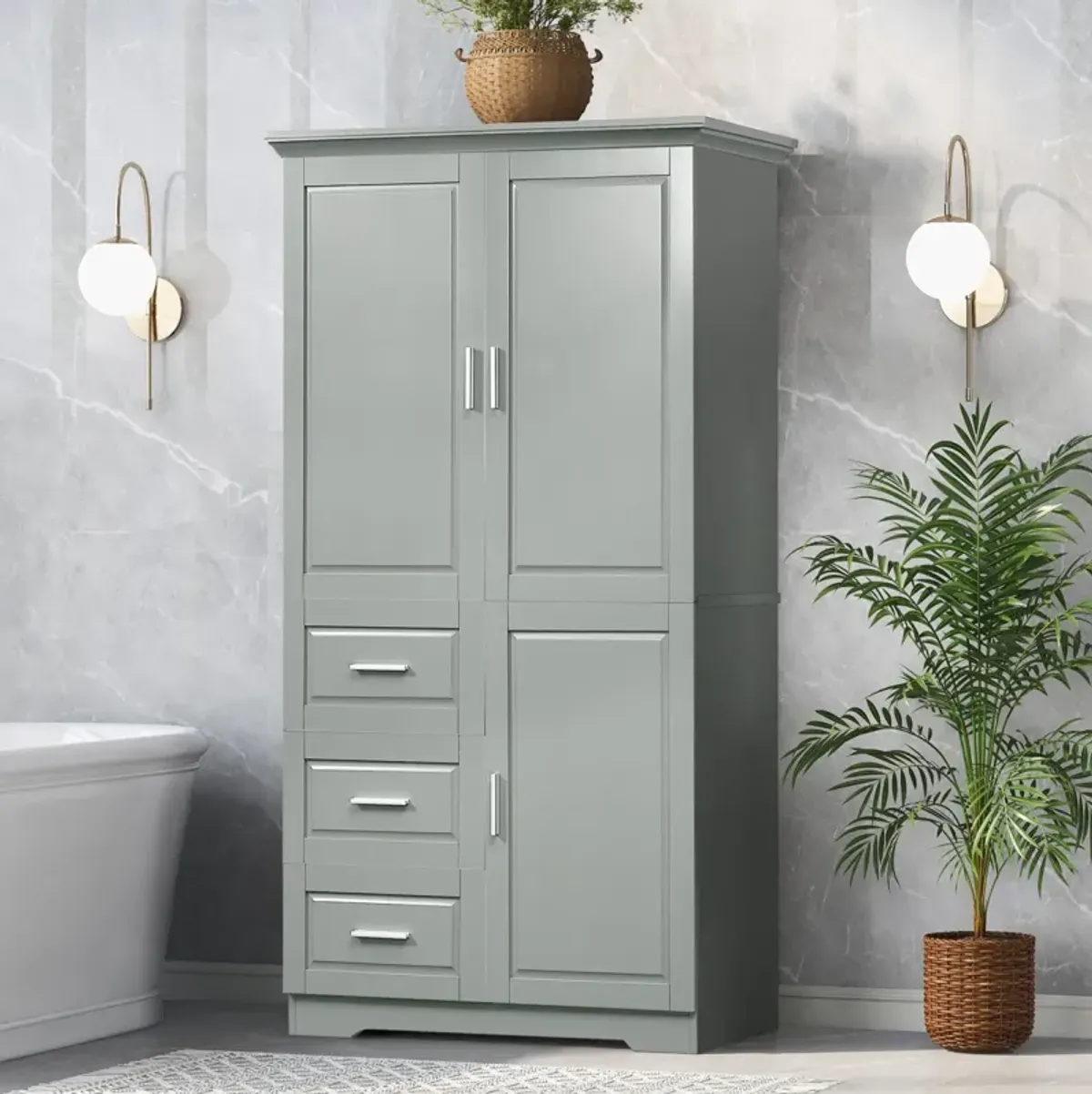 Tall And Wide Storage Cabinet With Doors For Bathroom/Office, Three Drawers