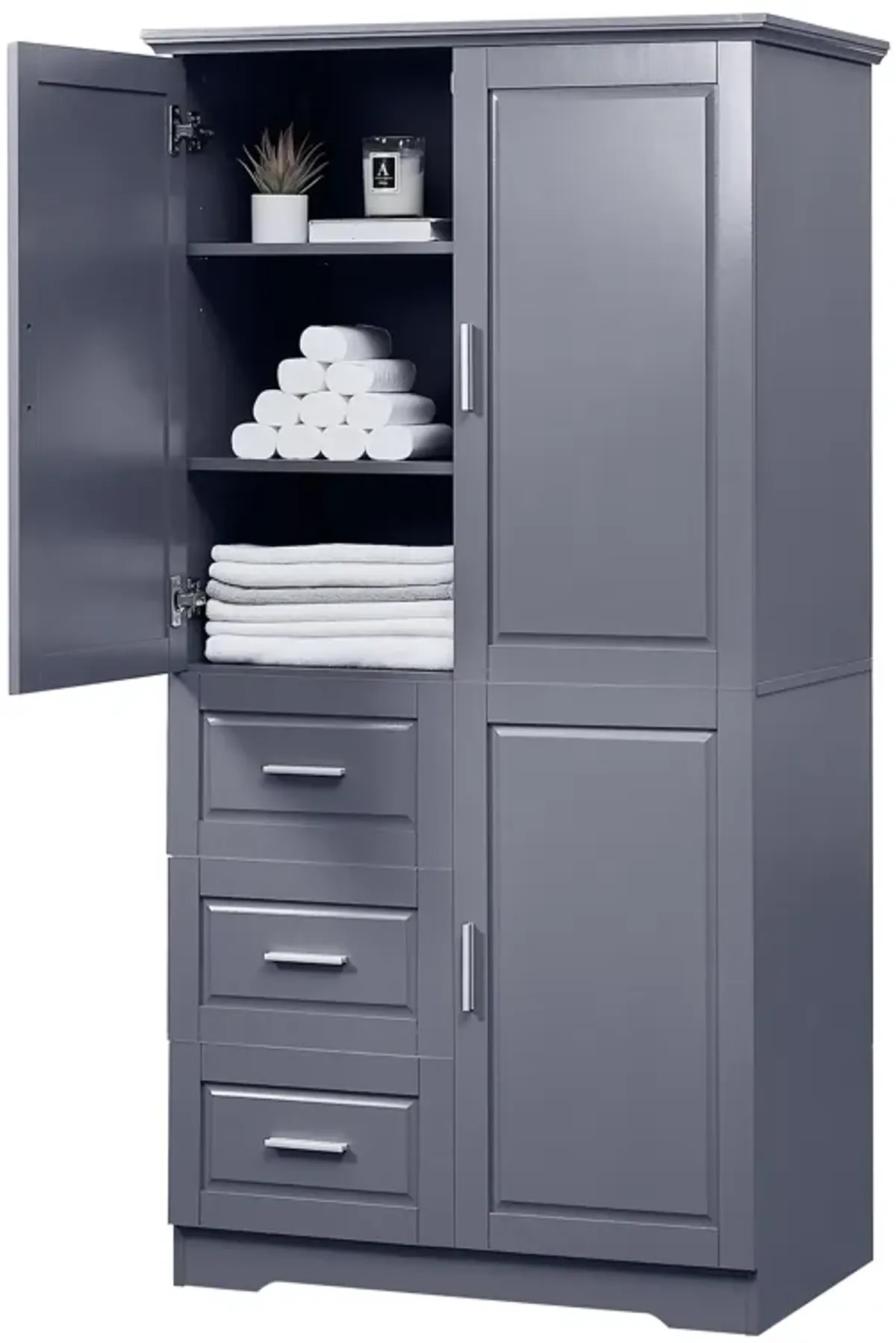 Tall And Wide Storage Cabinet With Doors For Bathroom/Office, Three Drawers