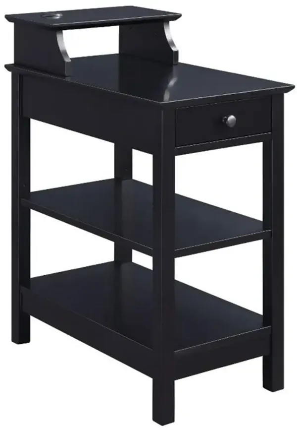 Benjara 28 Inch Accent Side Table, Finished Pine Wood, USB Charging Port, Black and Chrome