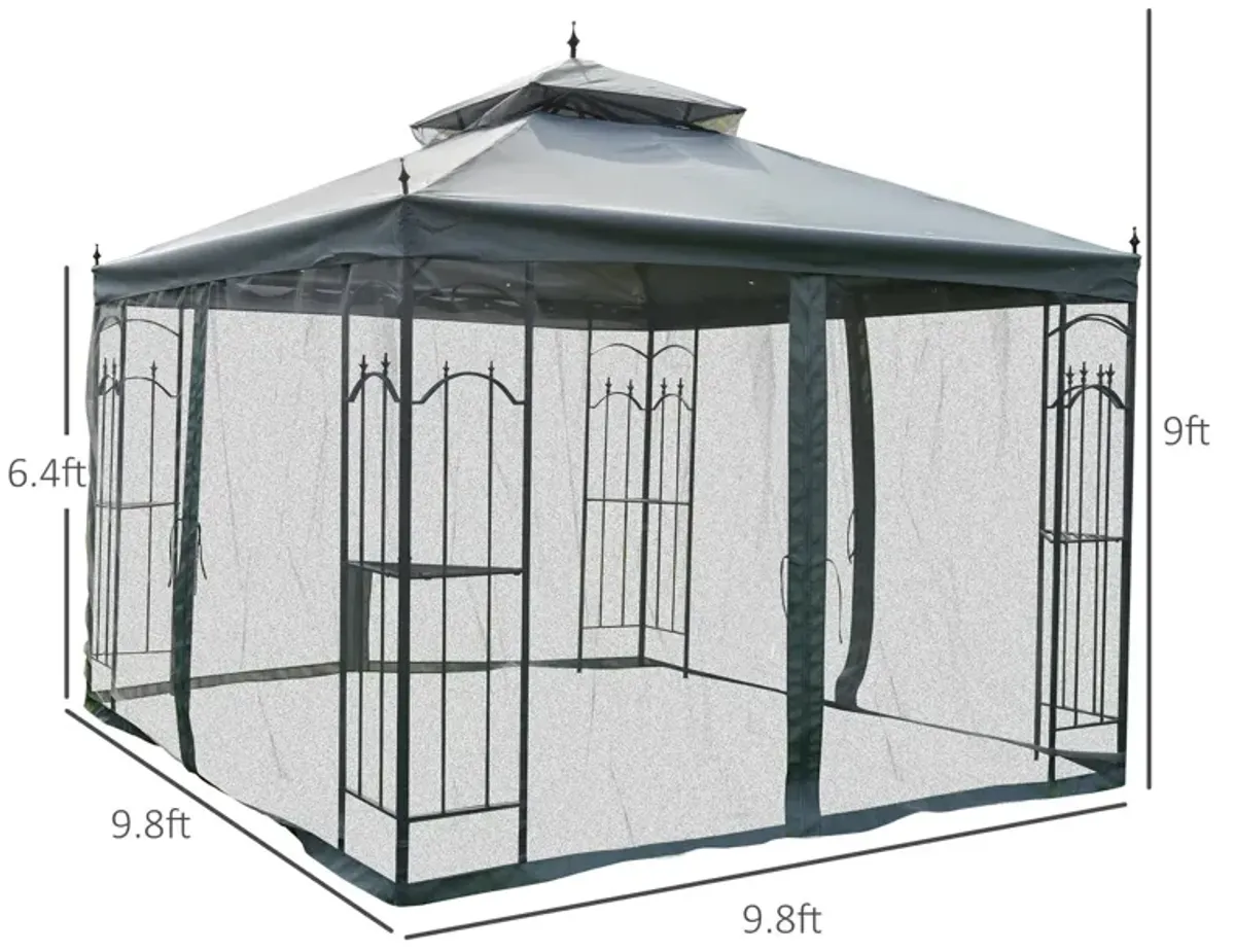 Grey Backyard Retreat: 10x10 Steel Patio Gazebo with Mesh Curtains