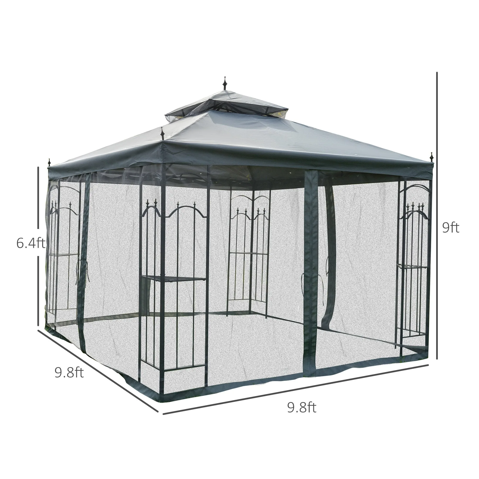 Grey Backyard Retreat: 10x10 Steel Patio Gazebo with Mesh Curtains