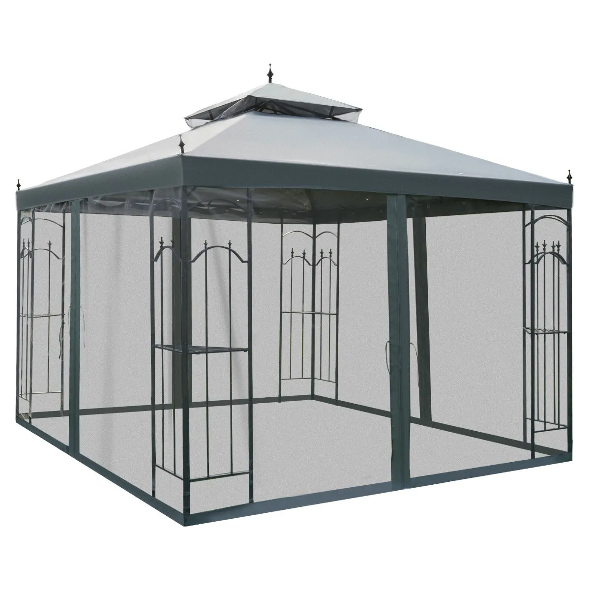 Grey Backyard Retreat: 10x10 Steel Patio Gazebo with Mesh Curtains