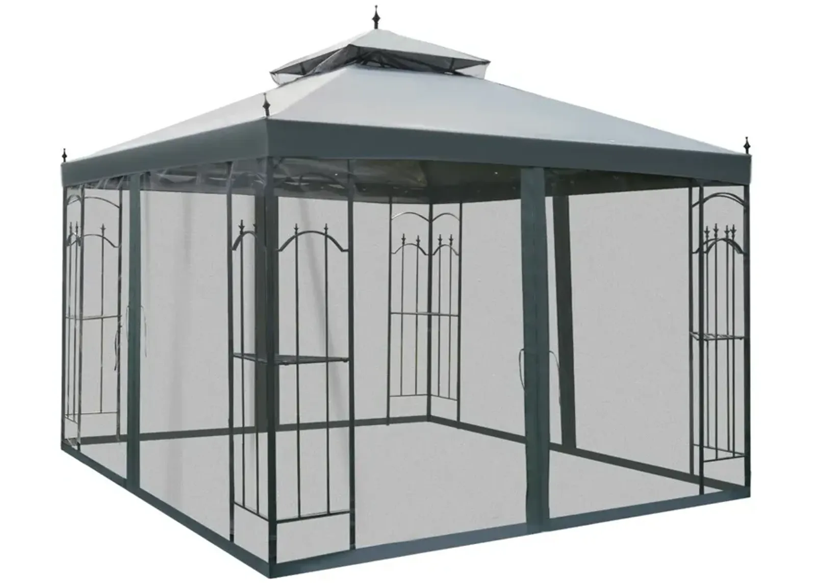 Grey Backyard Retreat: 10x10 Steel Patio Gazebo with Mesh Curtains