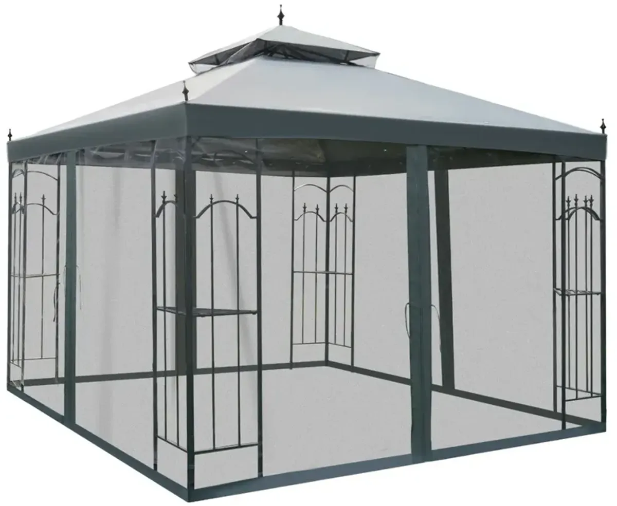 Grey Backyard Retreat: 10x10 Steel Patio Gazebo with Mesh Curtains