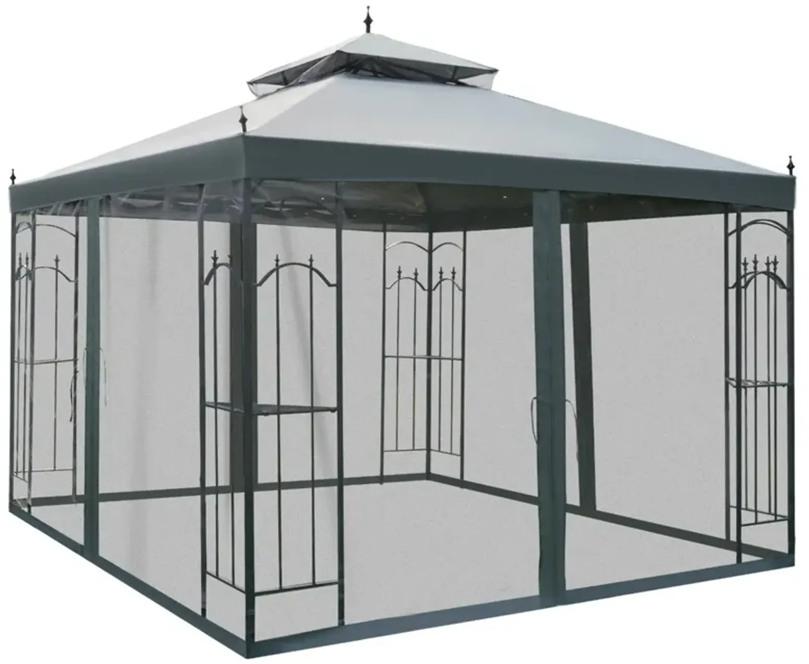 Grey Backyard Retreat: 10x10 Steel Patio Gazebo with Mesh Curtains