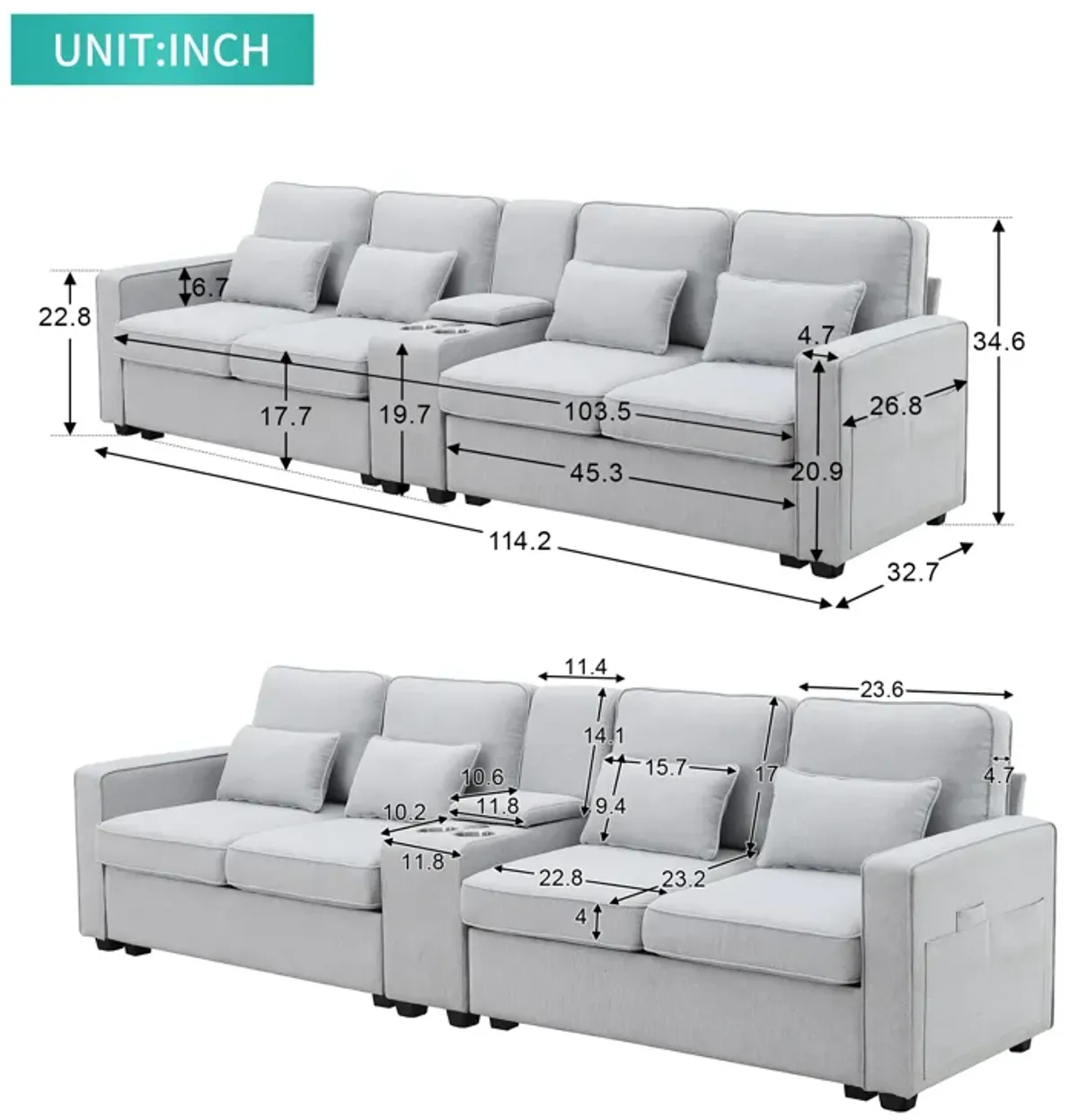 MONDAWE 4-Seat Upholstered Sofa with Console, 2 Cupholders and 2 USB Ports Wired or Wirelessly Charged, Modern Linen Fabric Couches with 4 Pillows for Living Room, Apartment