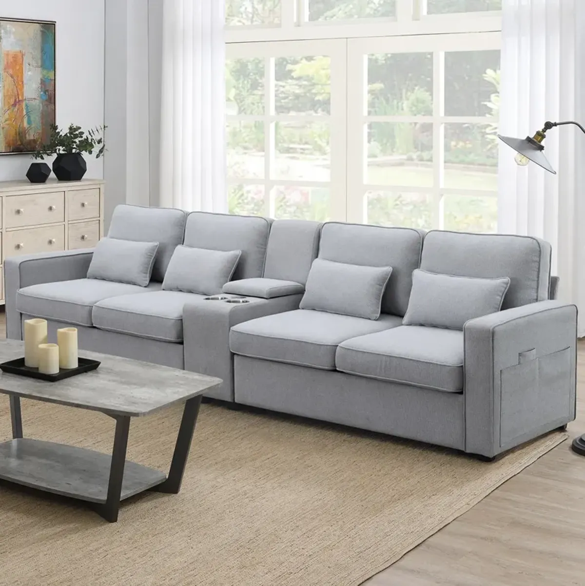 MONDAWE 4-Seat Upholstered Sofa with Console, 2 Cupholders and 2 USB Ports Wired or Wirelessly Charged, Modern Linen Fabric Couches with 4 Pillows for Living Room, Apartment