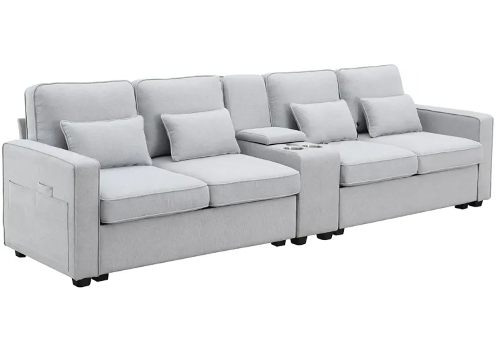 MONDAWE 4-Seat Upholstered Sofa with Console, 2 Cupholders and 2 USB Ports Wired or Wirelessly Charged, Modern Linen Fabric Couches with 4 Pillows for Living Room, Apartment