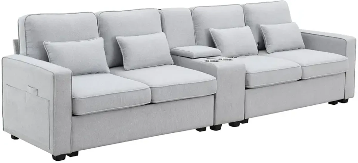 MONDAWE 4-Seat Upholstered Sofa with Console, 2 Cupholders and 2 USB Ports Wired or Wirelessly Charged, Modern Linen Fabric Couches with 4 Pillows for Living Room, Apartment