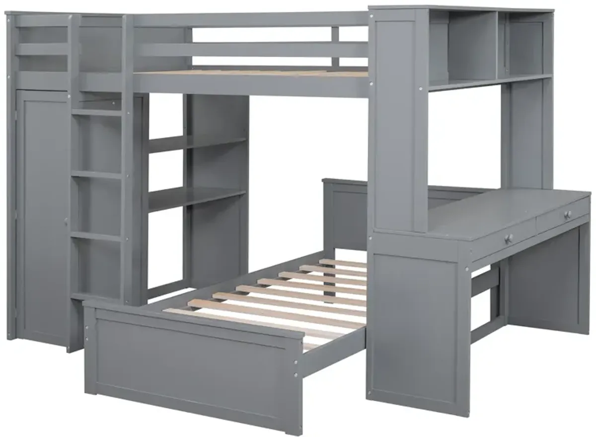 Merax Loft Bed with Storage Shelves and Wardrobe