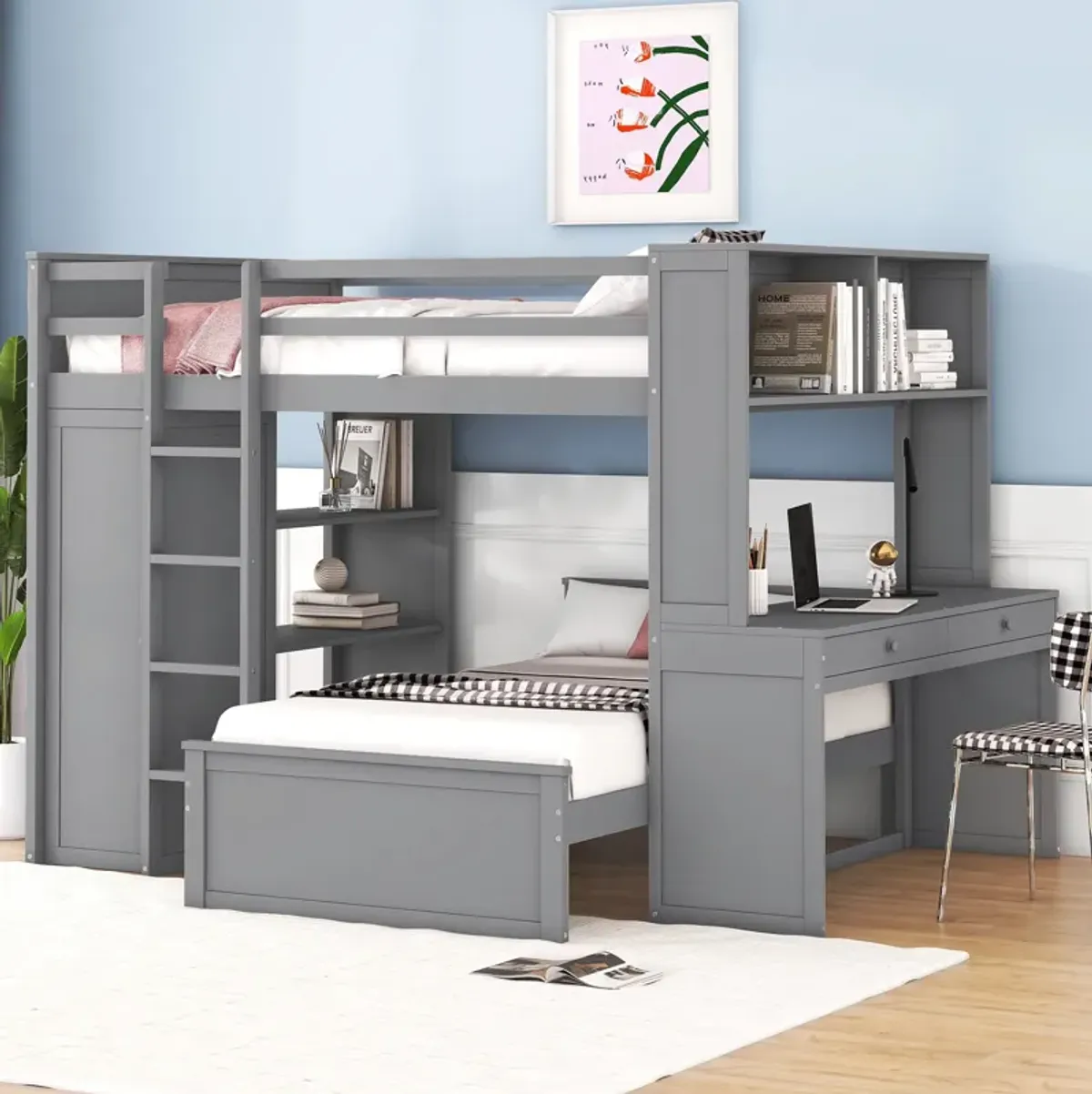 Merax Loft Bed with Storage Shelves and Wardrobe