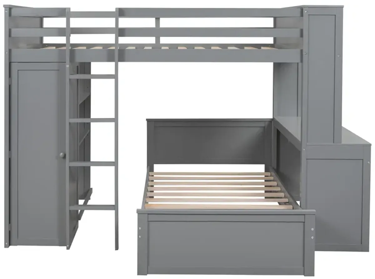 Merax Loft Bed with Storage Shelves and Wardrobe