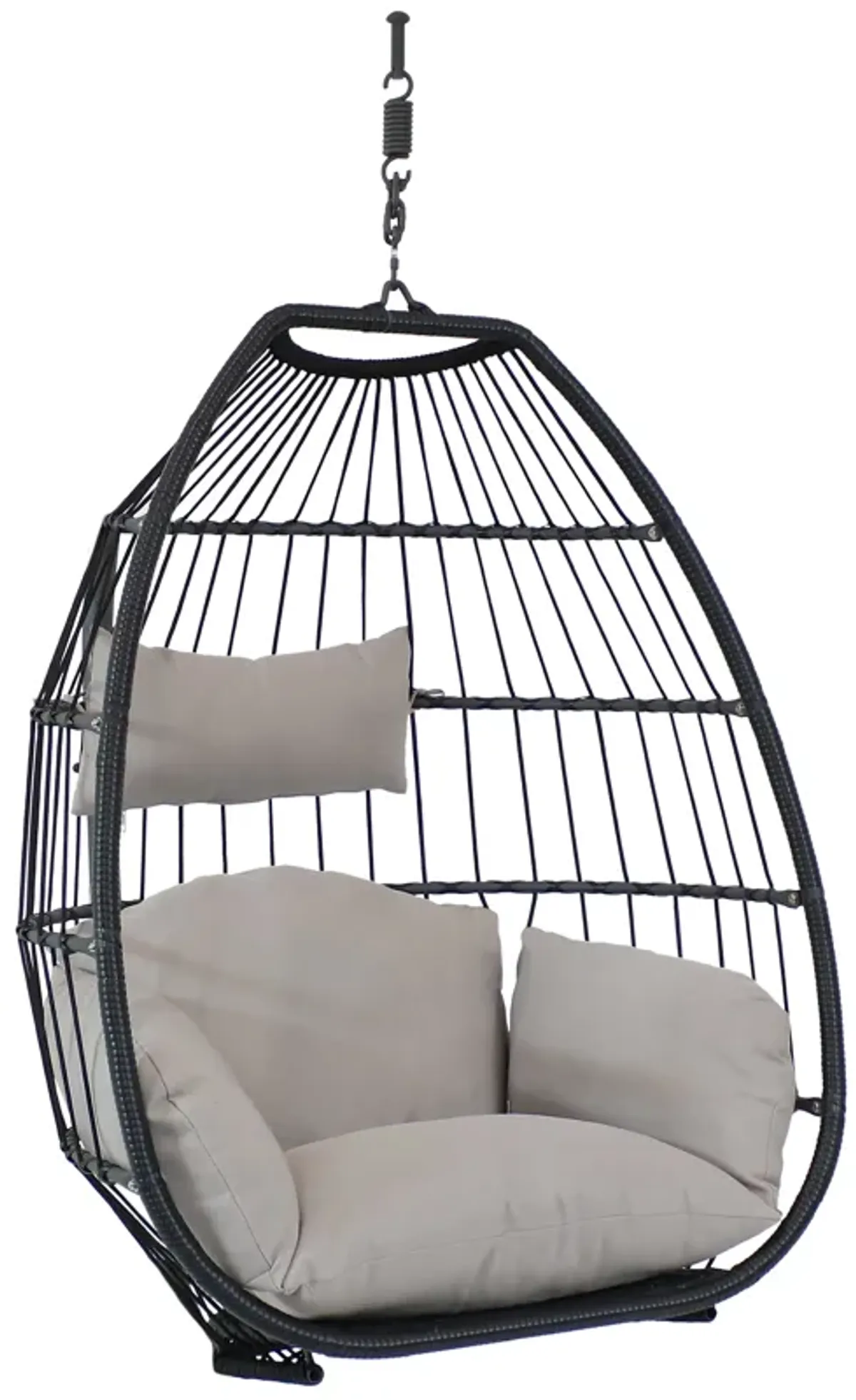 Sunnydaze Large Black Resin Wicker Hanging Egg Chair with Cushions - Gray