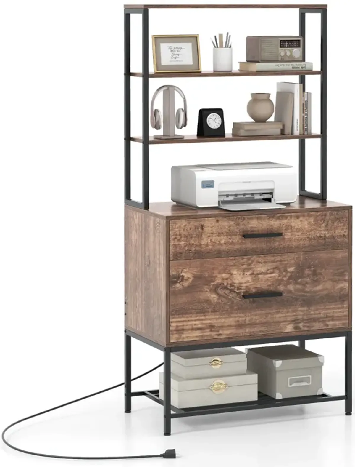 Freestanding File Cabinet with Charging Station and 3-Tier Open Shelves