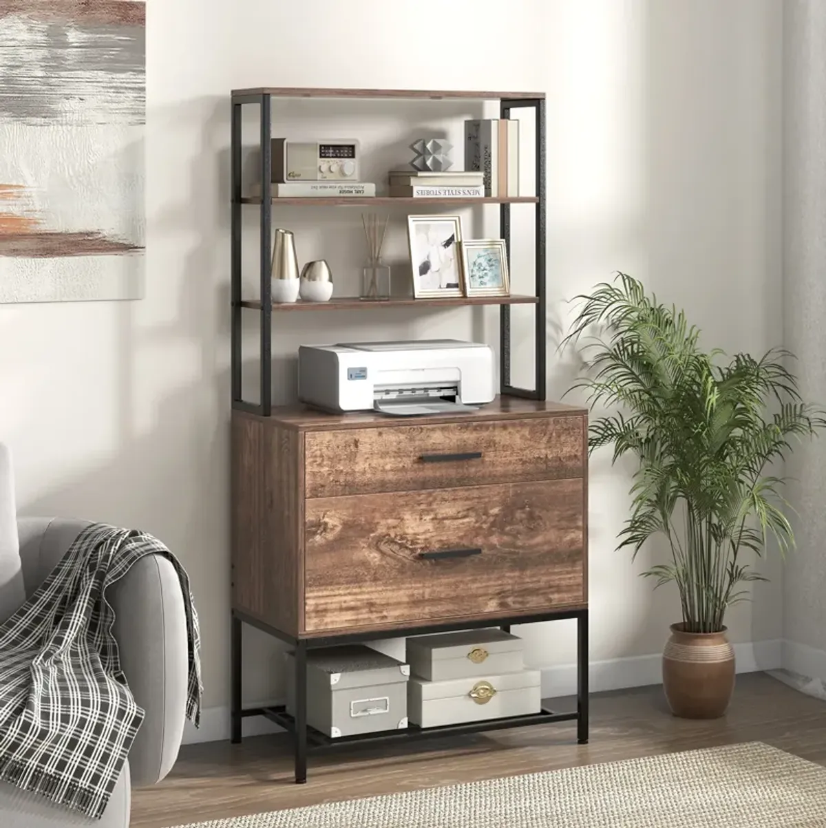 Freestanding File Cabinet with Charging Station and 3-Tier Open Shelves