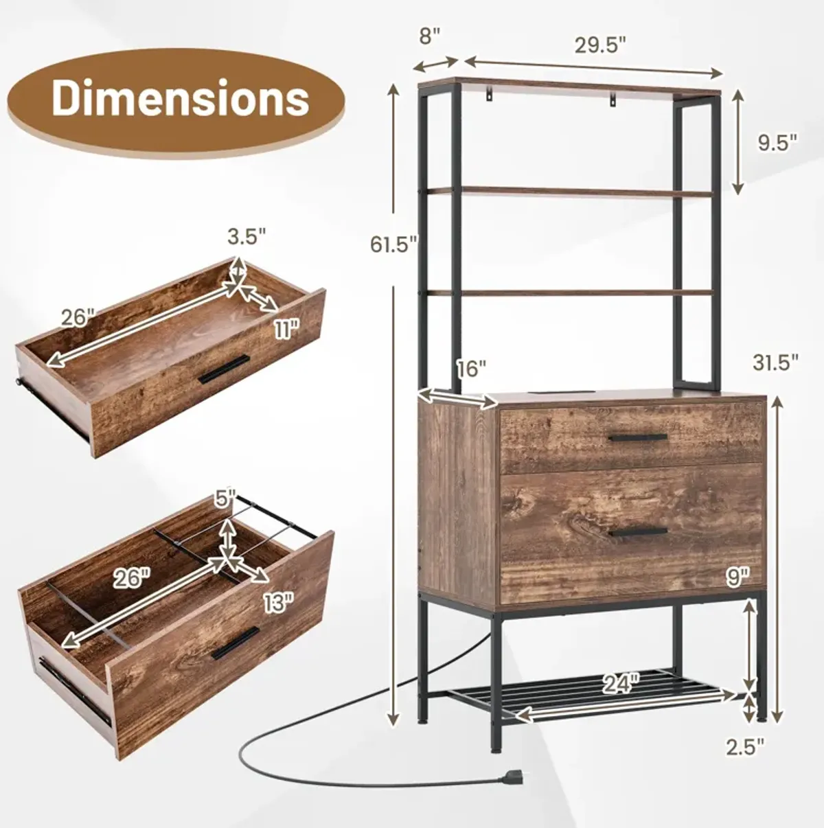 Freestanding File Cabinet with Charging Station and 3-Tier Open Shelves