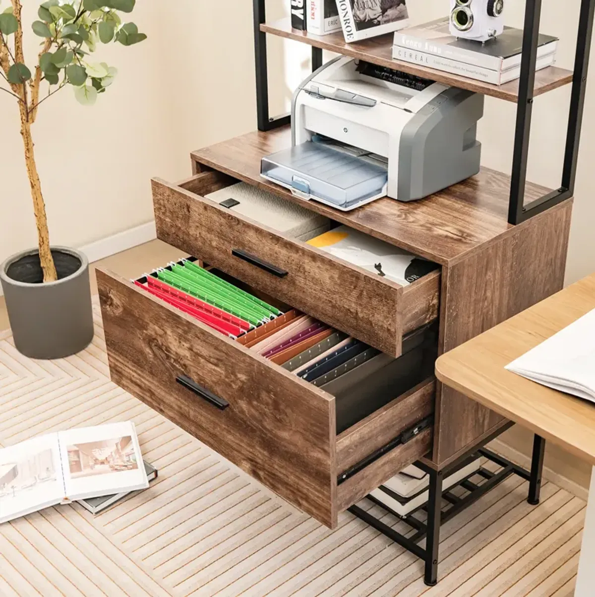 Freestanding File Cabinet with Charging Station and 3-Tier Open Shelves