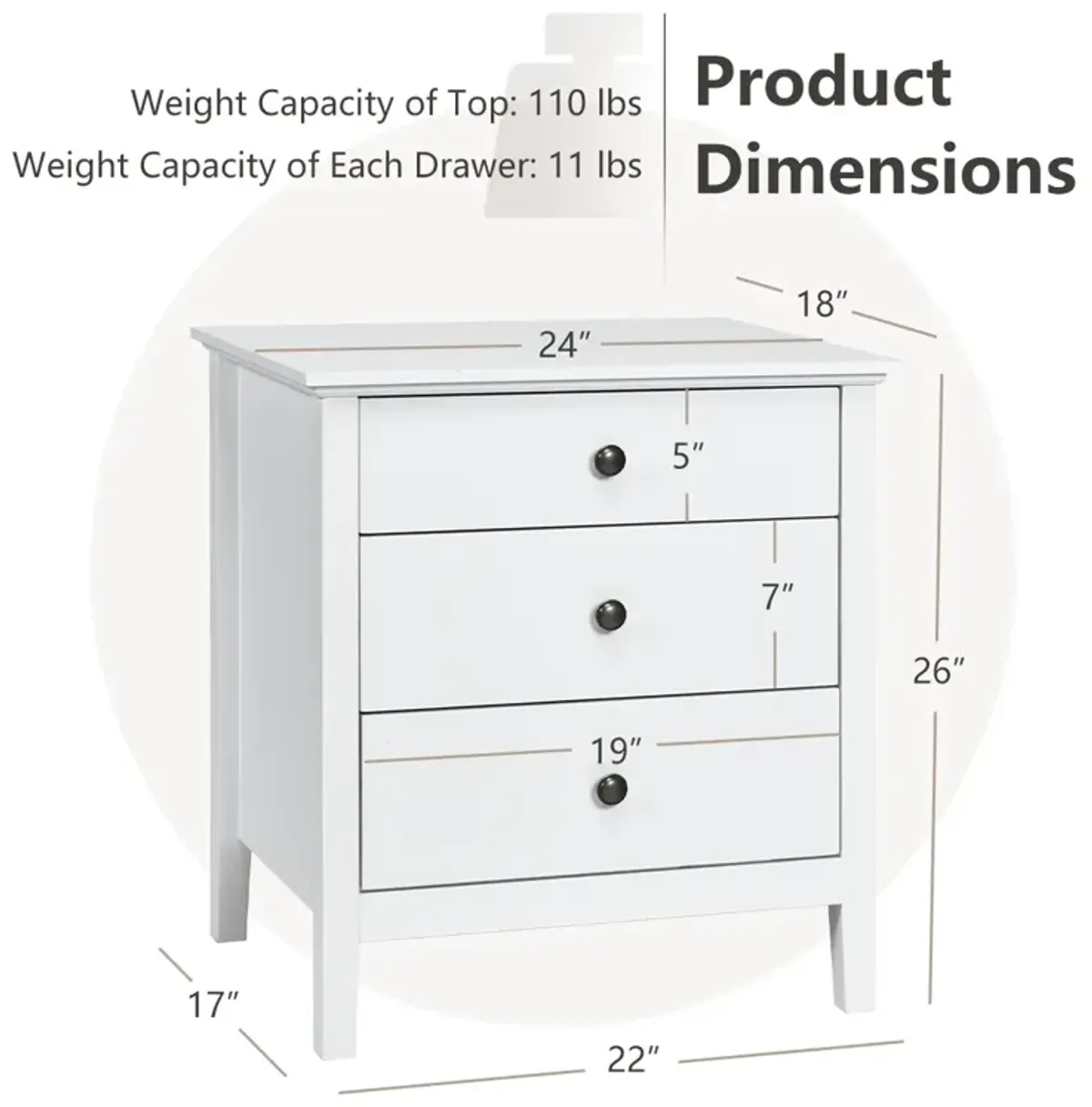 Nightstand Beside End Side Table Organizer with 3 Drawers