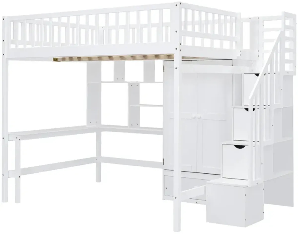 Full Size Loft Bed With Bookshelf, Drawers, Desk, And Wardrobe White