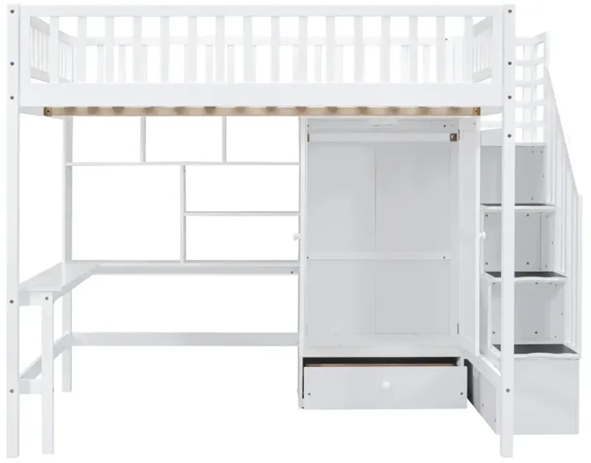 Full Size Loft Bed With Bookshelf, Drawers, Desk, And Wardrobe White