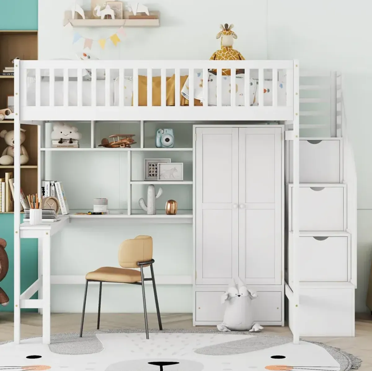 Full Size Loft Bed With Bookshelf, Drawers, Desk, And Wardrobe White