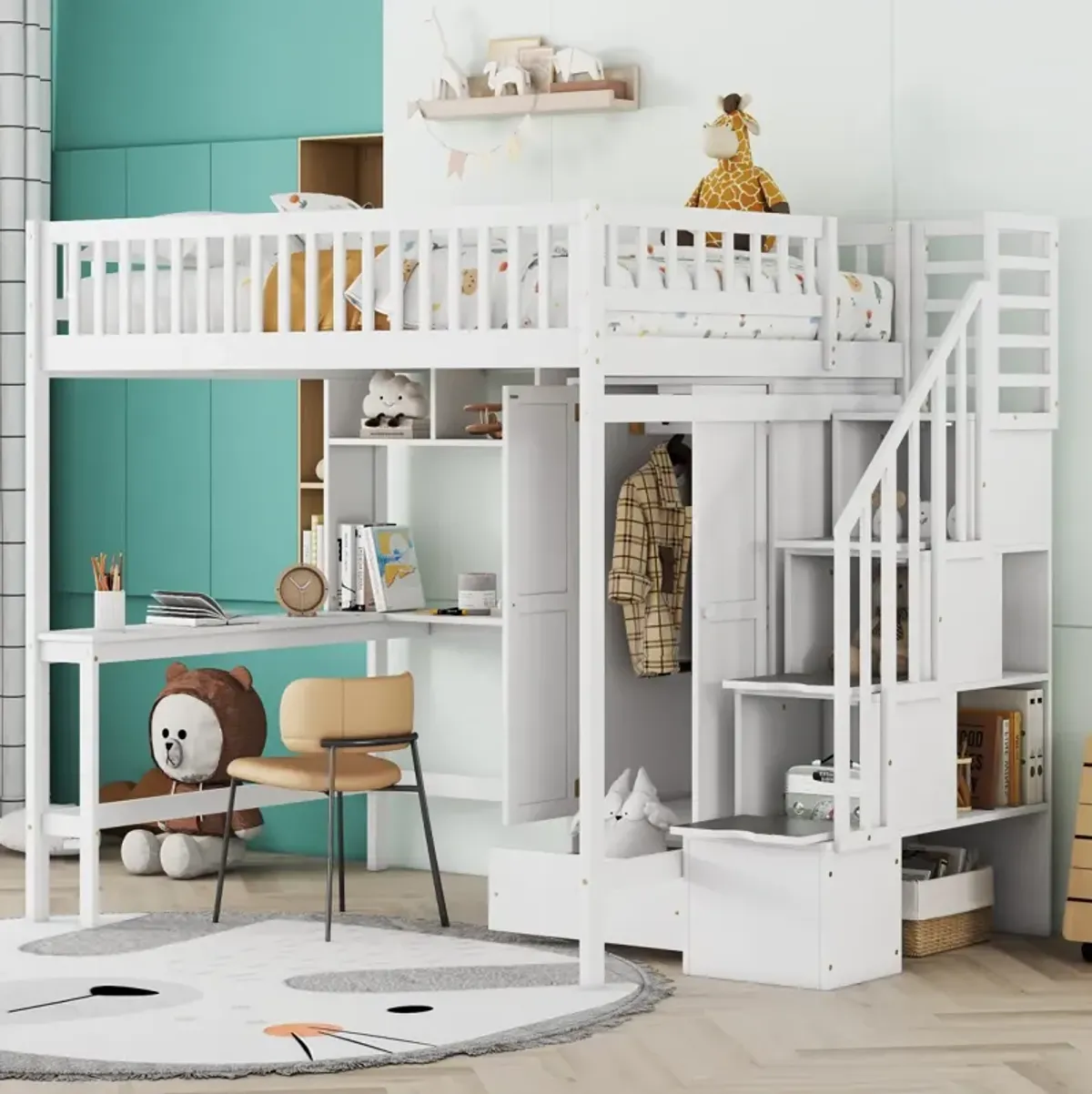 Full Size Loft Bed With Bookshelf, Drawers, Desk, And Wardrobe White