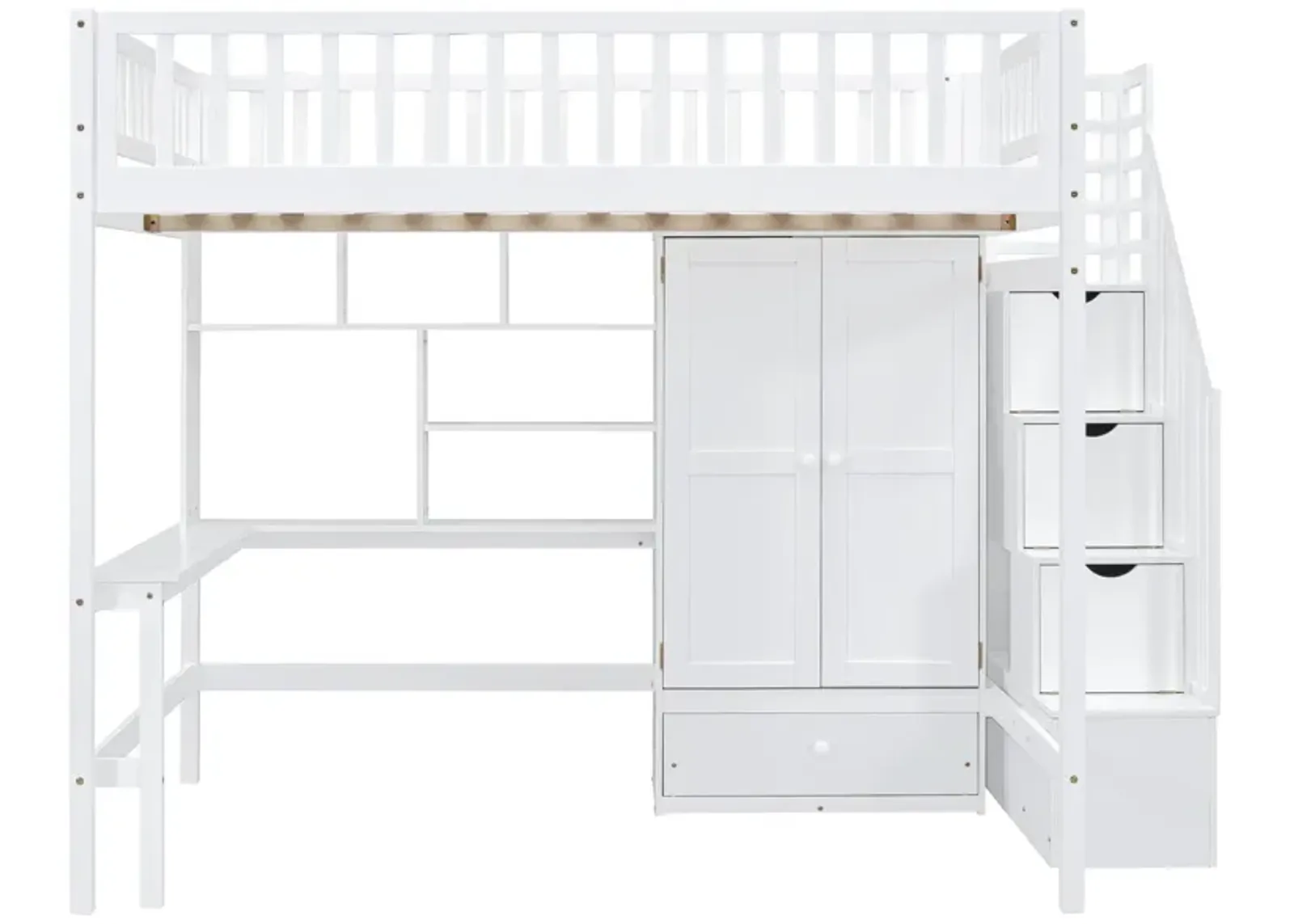 Full Size Loft Bed With Bookshelf, Drawers, Desk, And Wardrobe White