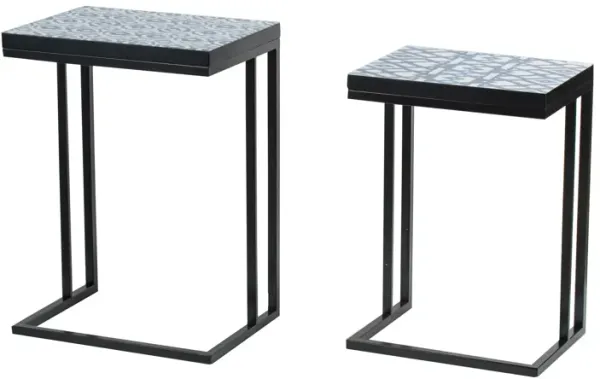 22, 24 Inch Nesting End Tables, Set of 2, Blue And White Pattern Top-Benzara