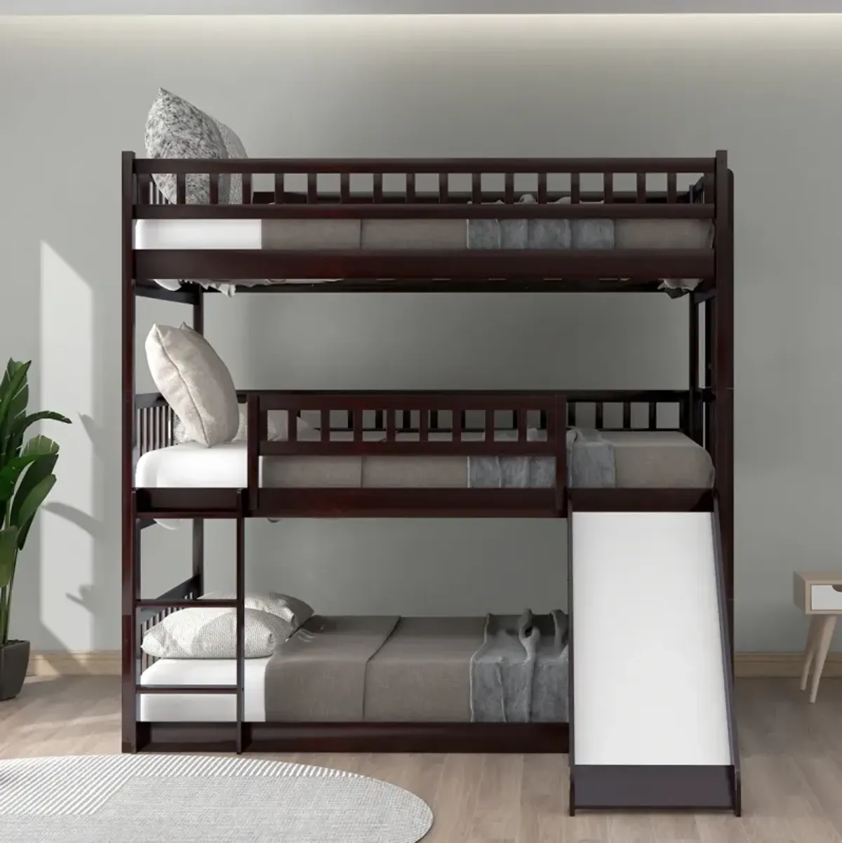 Full-Over-Full-Over-Full Triple Bed With Built-In Ladder And Slide, Triple Bunk Bed