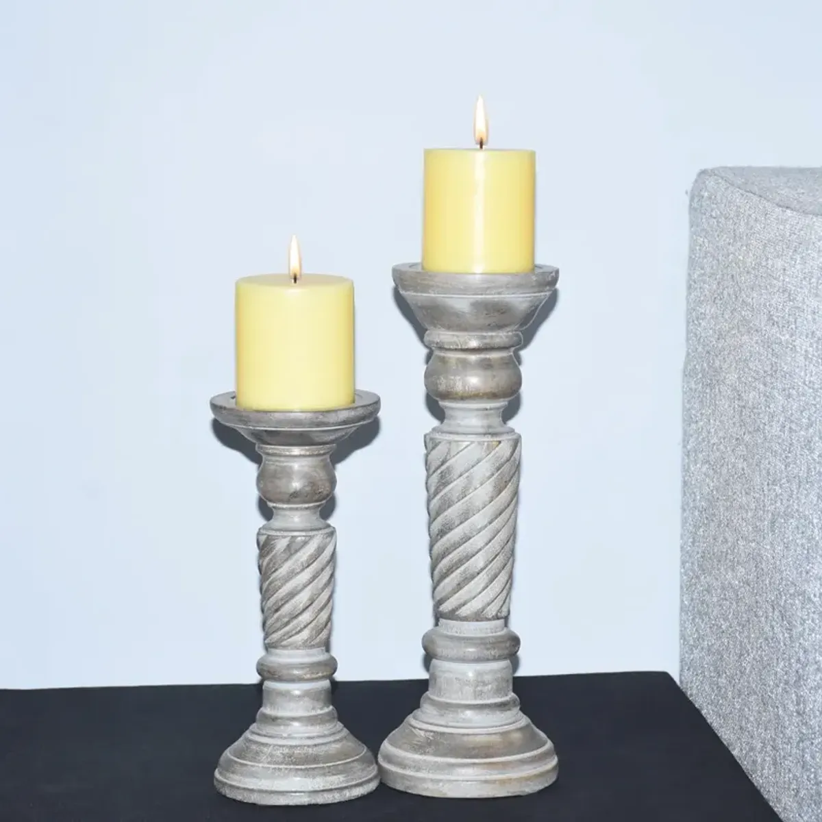 BBH Homes Traditional Gray Wash Eco-friendly Handmade Mango Wood Set Of Two 9" & 12" Pillar Candle Holder