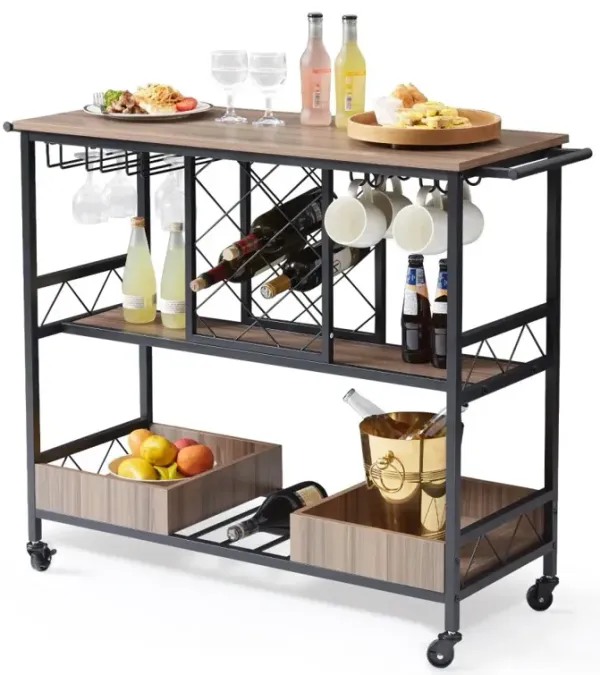 3-Tier Bar Serving Cart Rolling Trolley with Wine Grid Glass Holder 300LBS